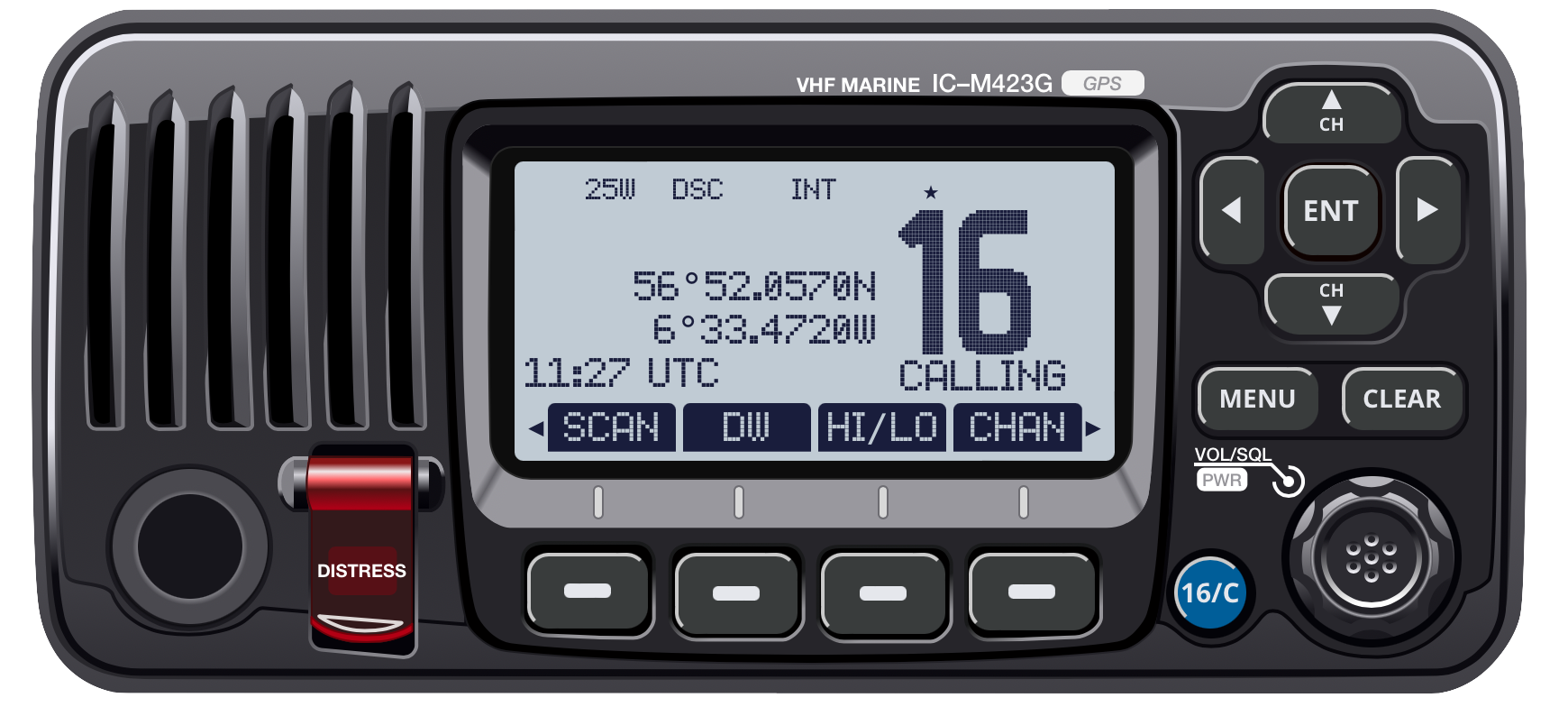 a close up of the simulated VHF radio